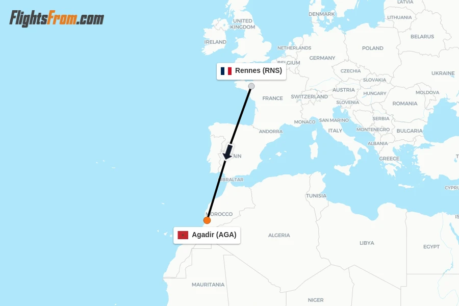 Flights from Rennes to Agadir route map