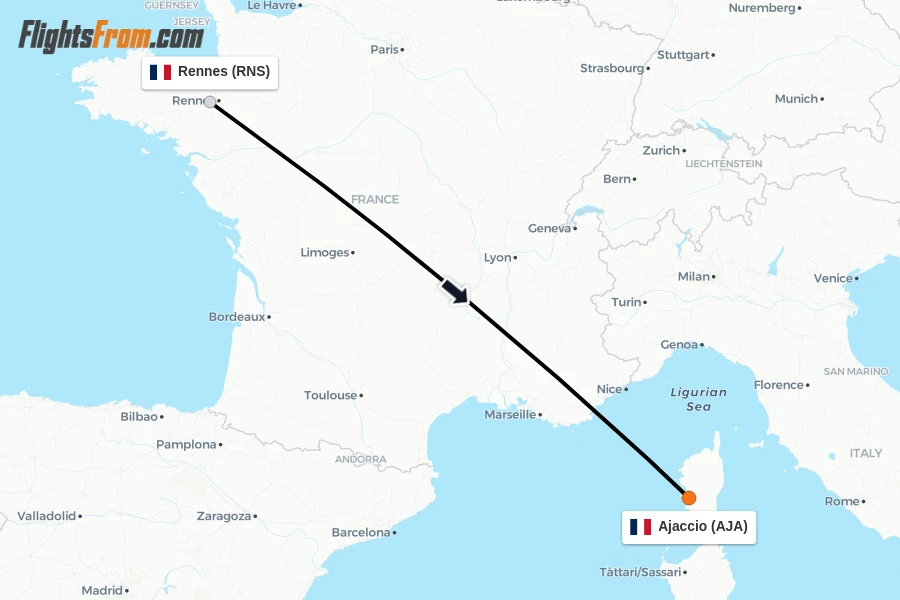 Flights from Rennes to Ajaccio route map