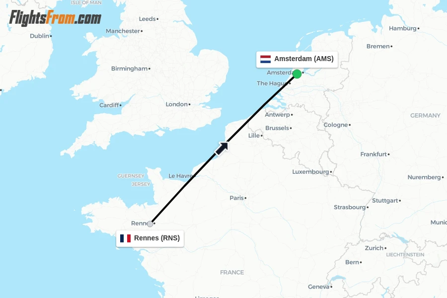 Flights from Rennes to Amsterdam route map