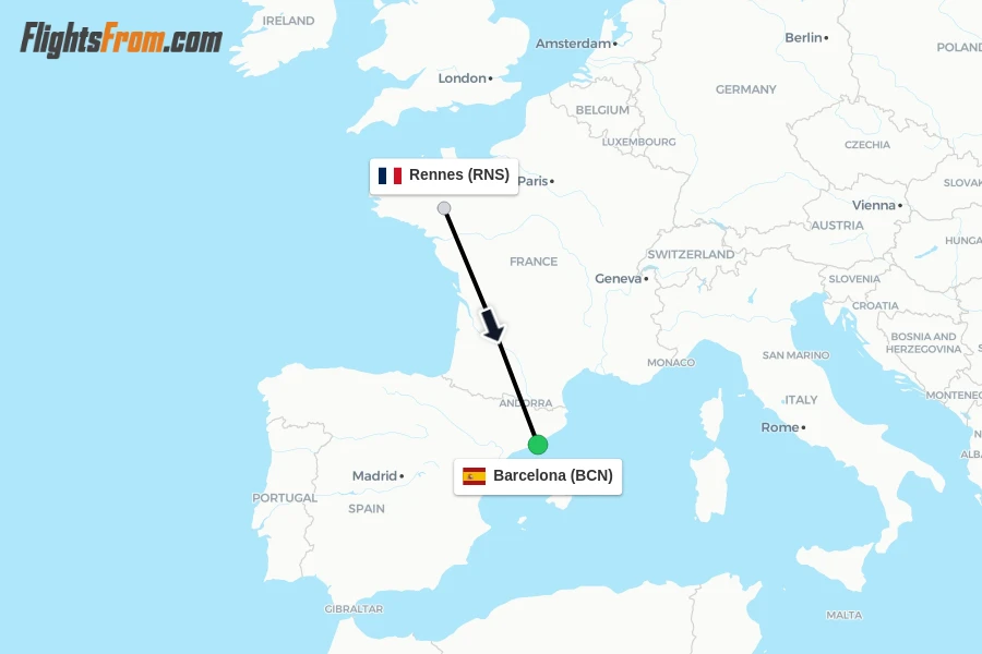Flights from Rennes to Barcelona route map