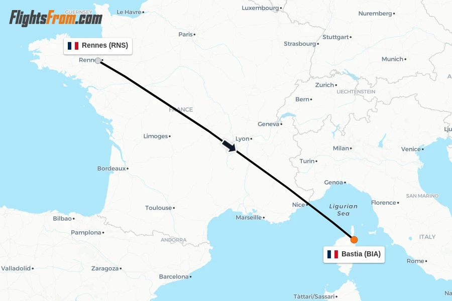 Flights from Rennes to Bastia route map