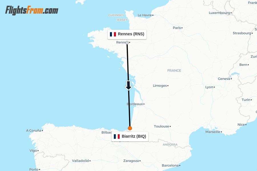 Flights from Rennes to Biarritz route map