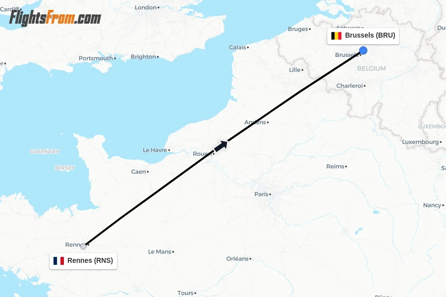 Flights from Rennes to Brussels route map
