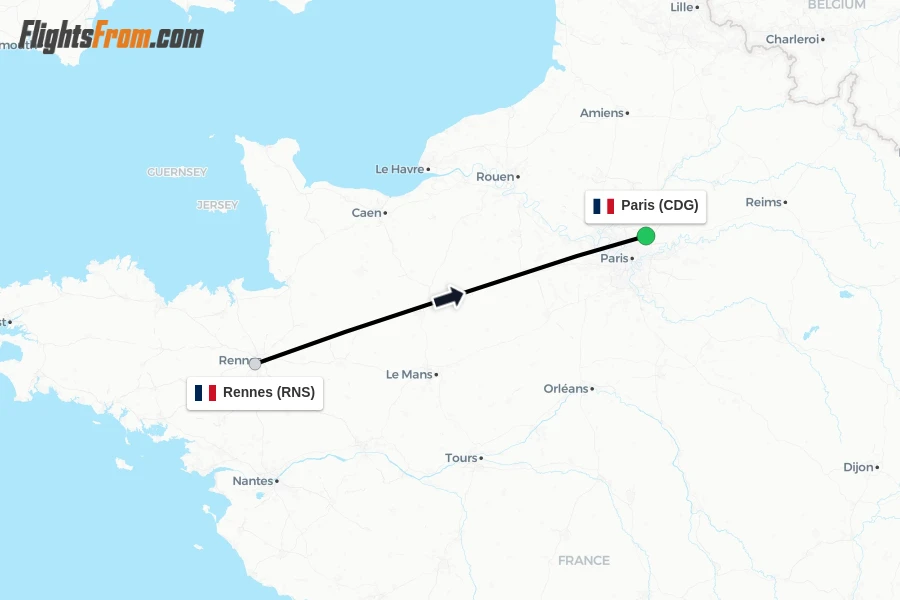 Flights from Rennes to Paris route map