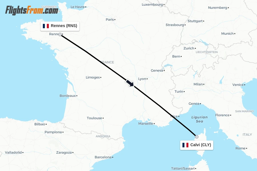 Flights from Rennes to Calvi route map