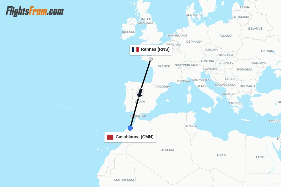 Flights from Rennes to Casablanca route map