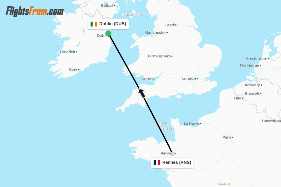 Flights from Rennes to Dublin route map