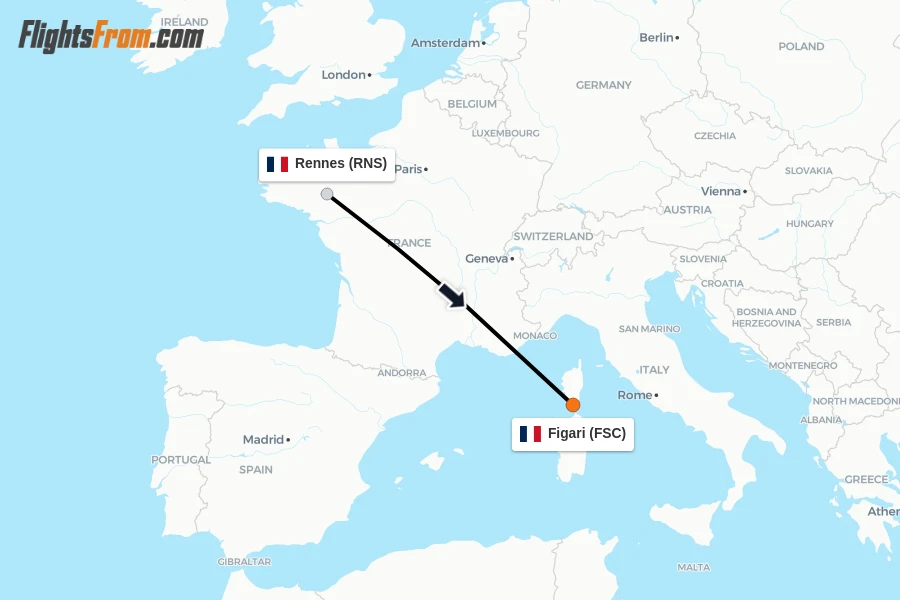 Flights from Rennes to Figari route map