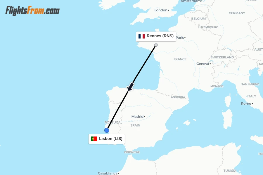 Flights from Rennes to Lisbon route map