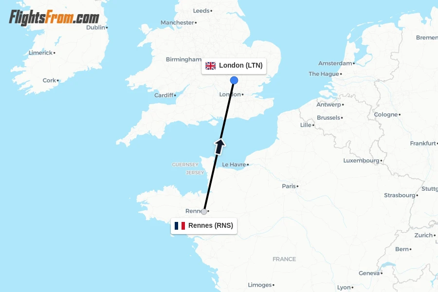 Flights from Rennes to London route map