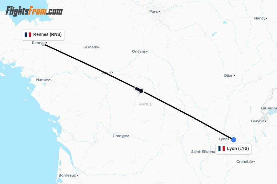 Flights from Rennes to Lyon route map