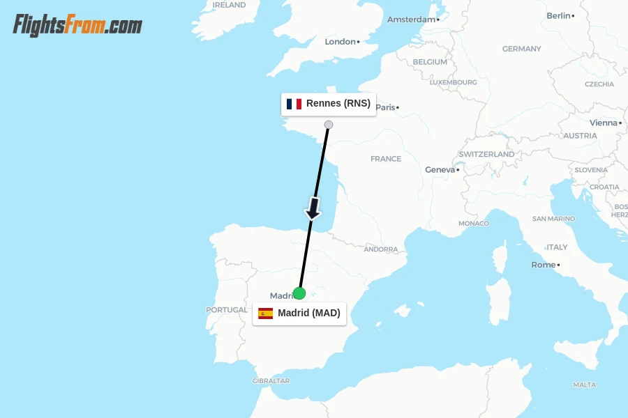 Flights from Rennes to Madrid route map