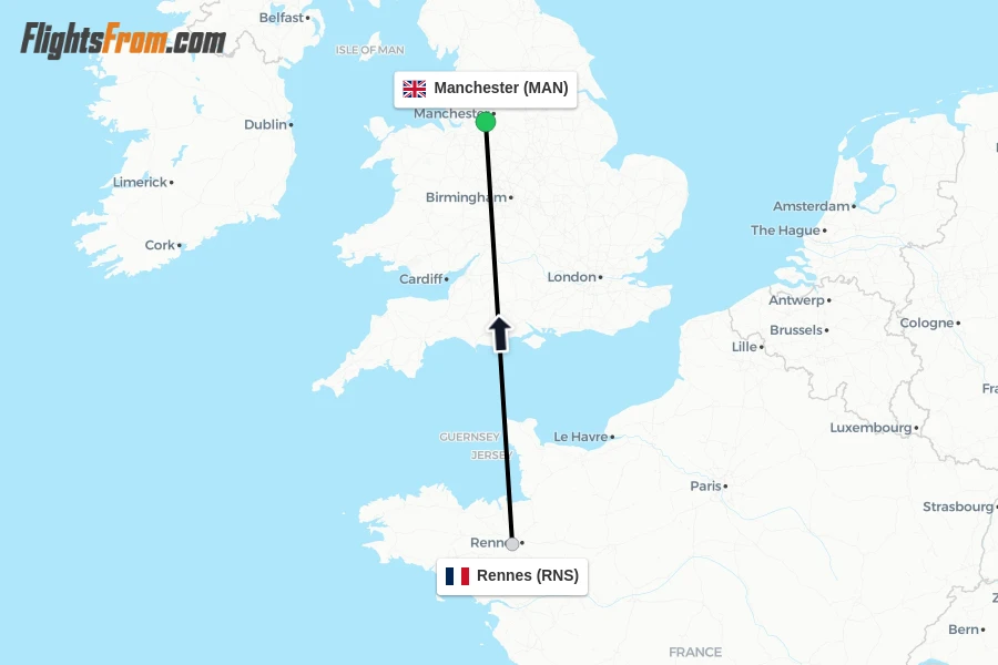 Flights from Rennes to Manchester route map