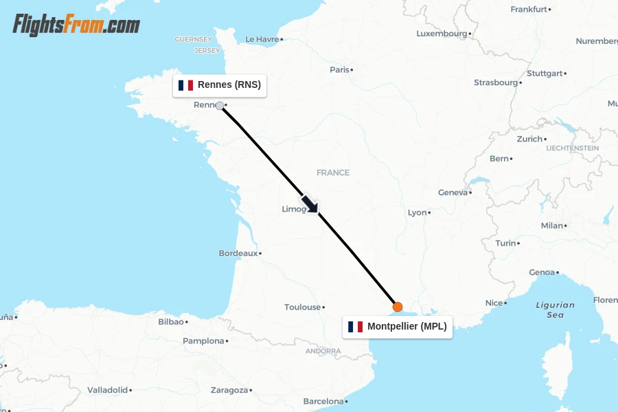 Flights from Rennes to Montpellier route map