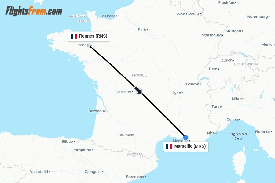 Flights from Rennes to Marseille route map