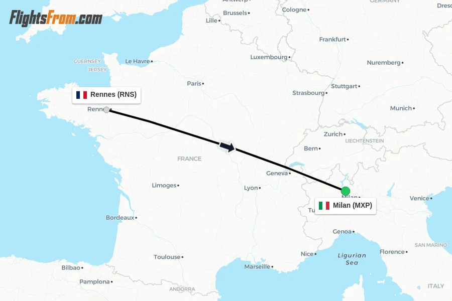 Flights from Rennes to Milan route map