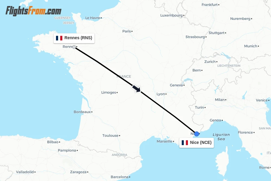 Flights from Rennes to Nice route map