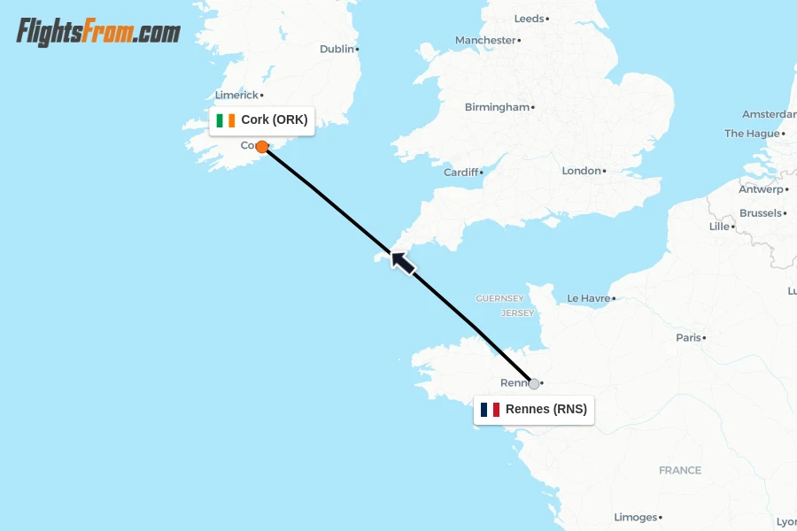 Flights from Rennes to Cork route map