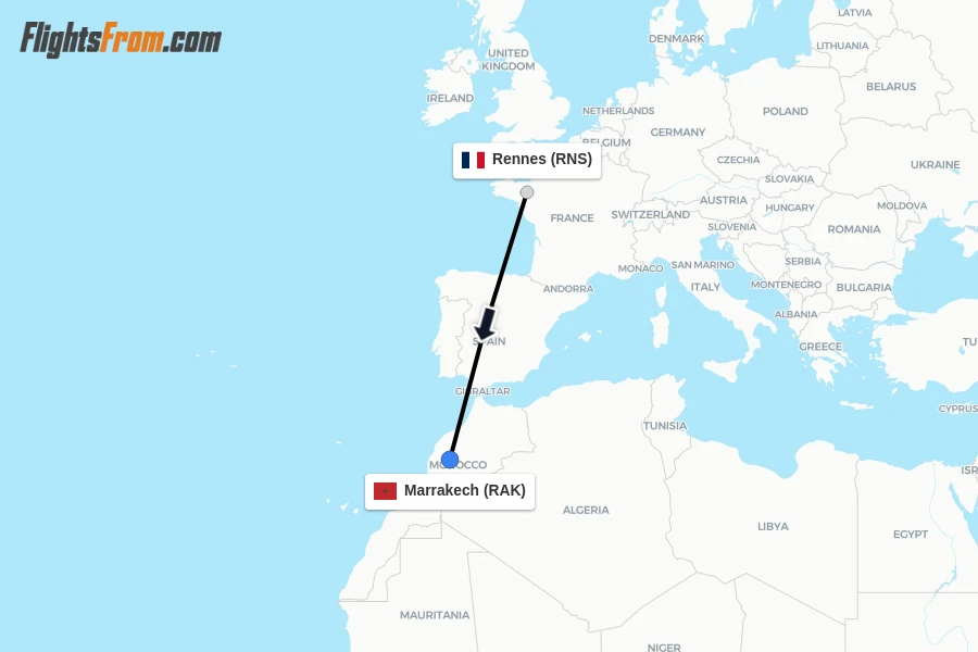 Flights from Rennes to Marrakech route map