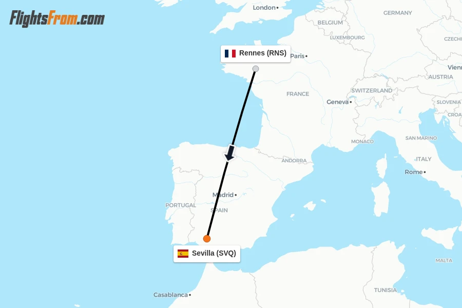 Flights from Rennes to Sevilla route map