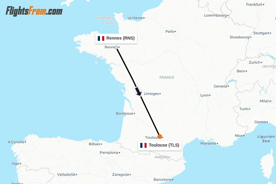 Flights from Rennes to Toulouse route map