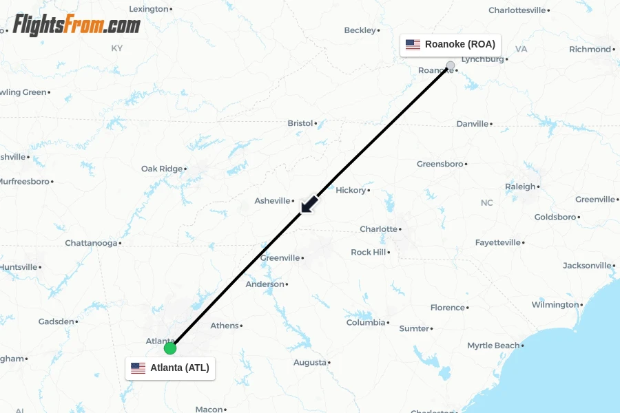 Flights from Roanoke to Atlanta route map