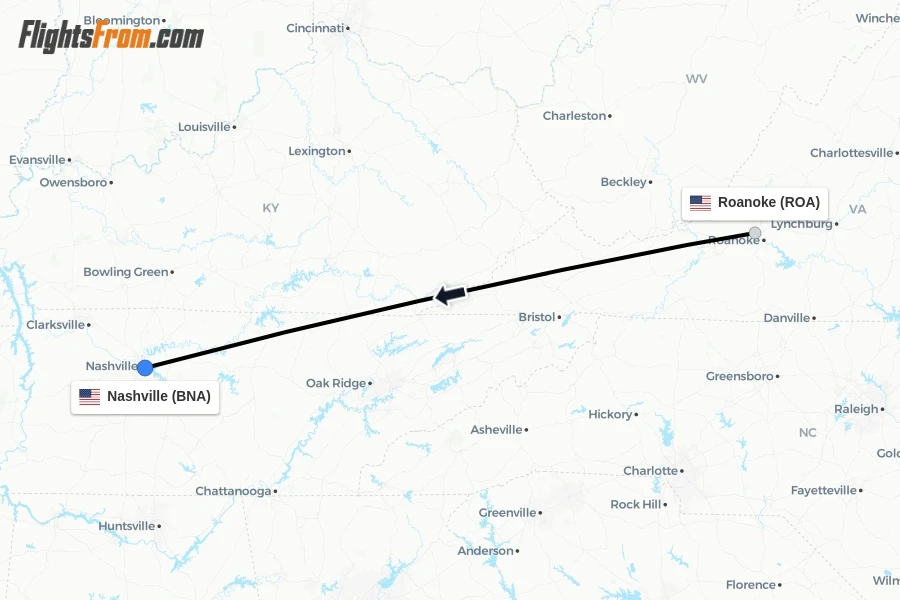 Flights from Roanoke to Nashville route map