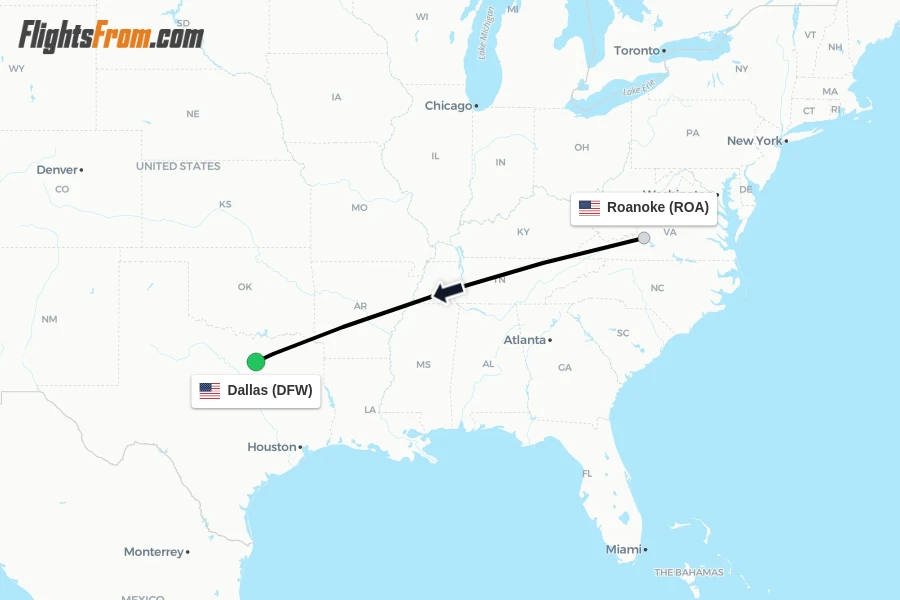 Flights from Roanoke to Dallas route map
