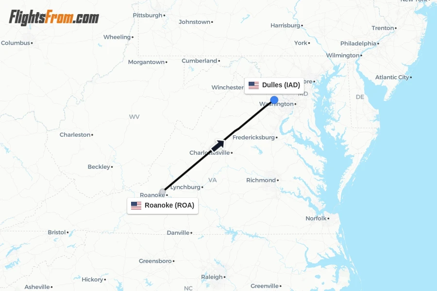 Flights from Roanoke to Dulles route map