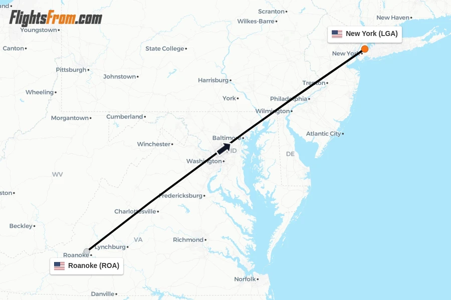 Flights from Roanoke to New York route map