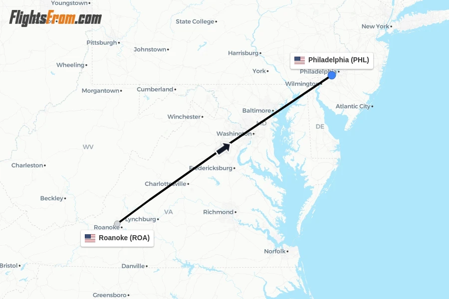 Flights from Roanoke to Philadelphia route map