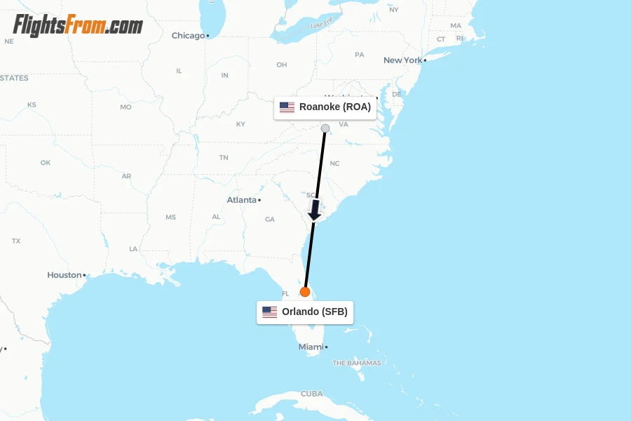 Flights from Roanoke to Orlando route map