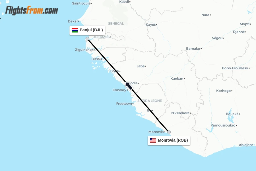Flights from Monrovia to Banjul route map