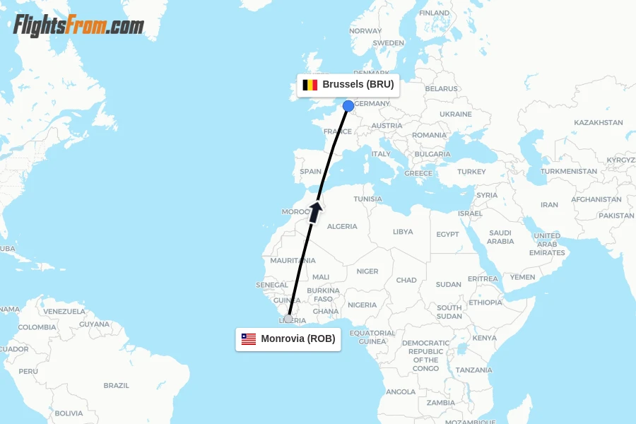 Flights from Monrovia to Brussels route map