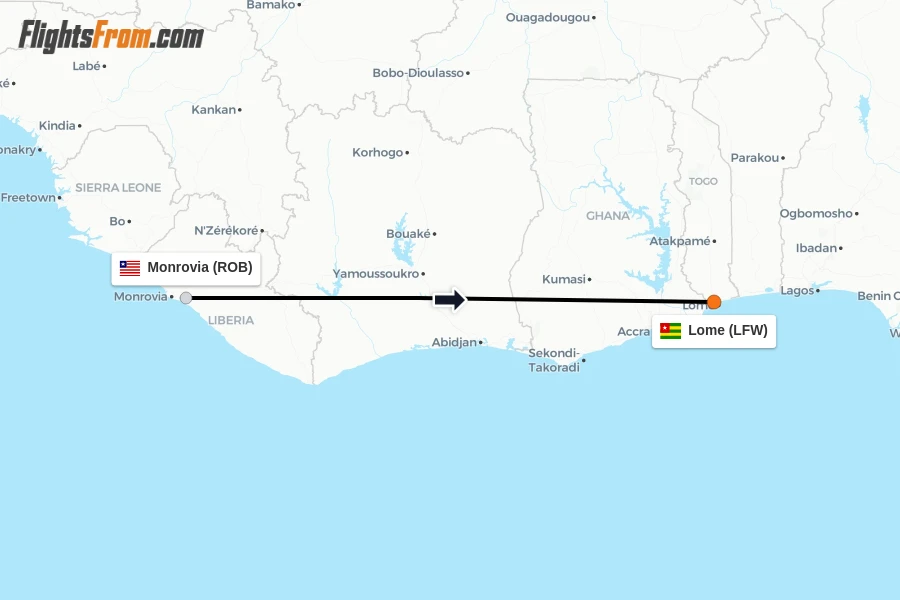Flights from Monrovia to Lome route map
