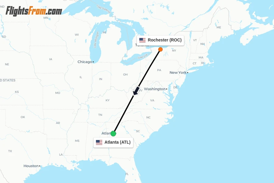 Flights from Rochester to Atlanta route map