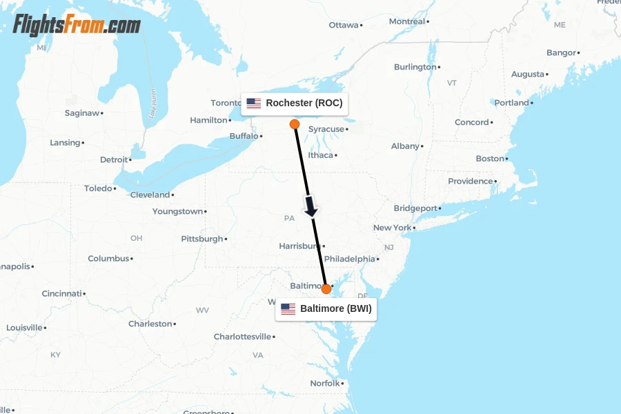 Flights from Rochester to Baltimore route map