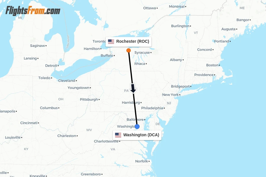 Flights from Rochester to Washington route map