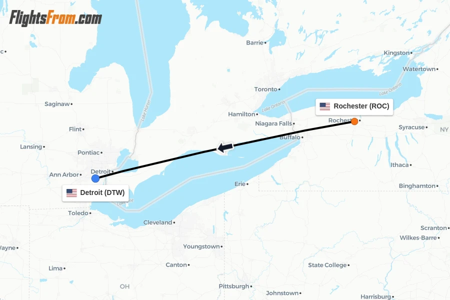 Flights from Rochester to Detroit route map