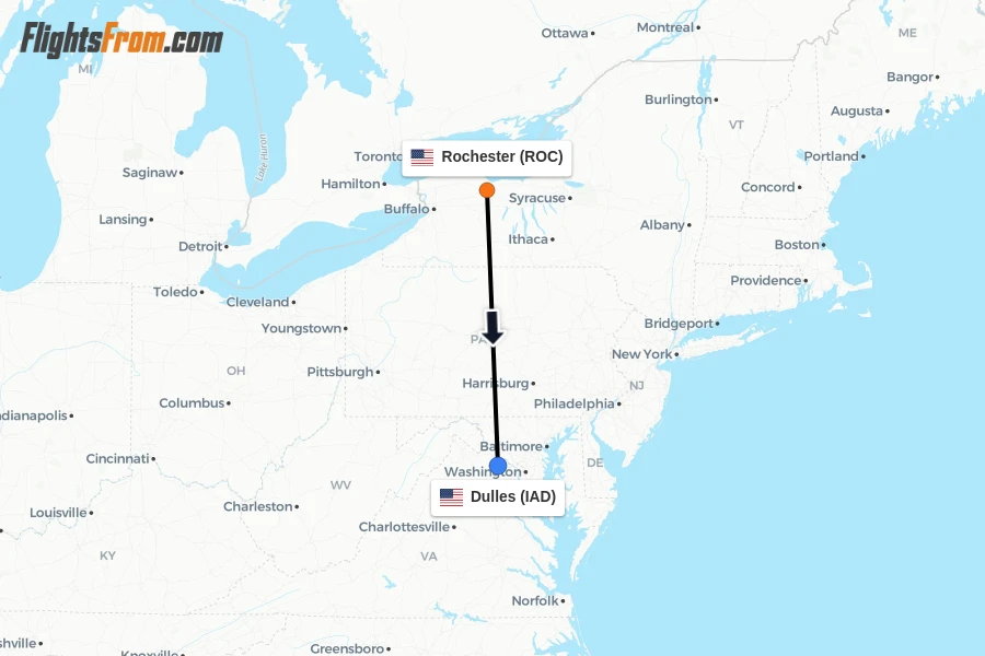 Flights from Rochester to Dulles route map