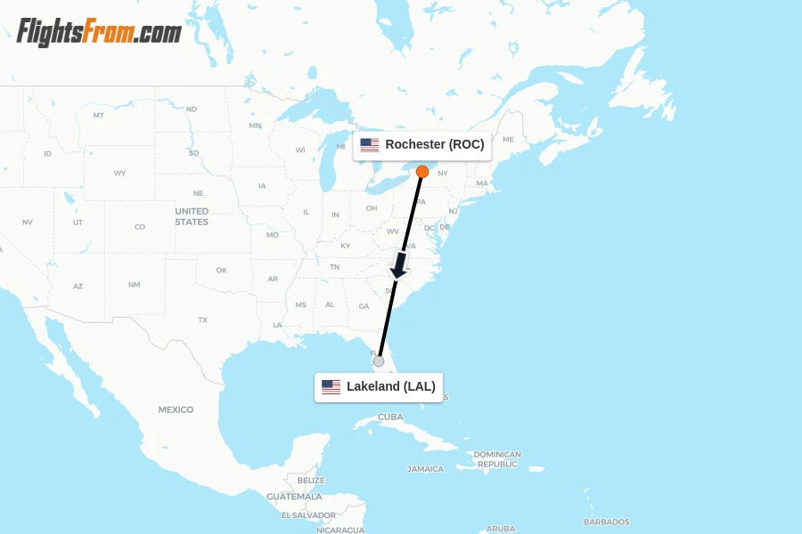 Flights from Rochester to Lakeland route map