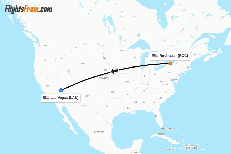 Flights from Rochester to Las Vegas route map