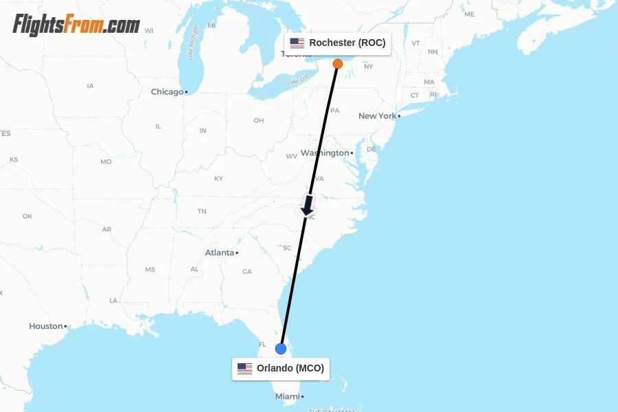 Flights from Rochester to Orlando route map