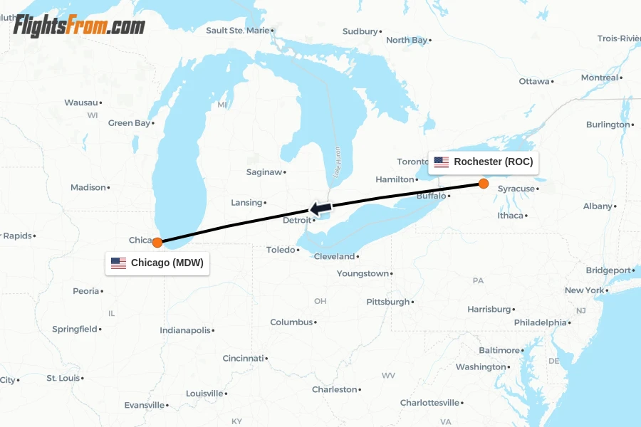 Flights from Rochester to Chicago route map
