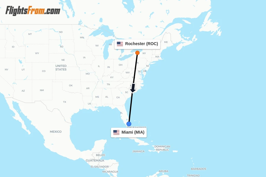 Flights from Rochester to Miami route map