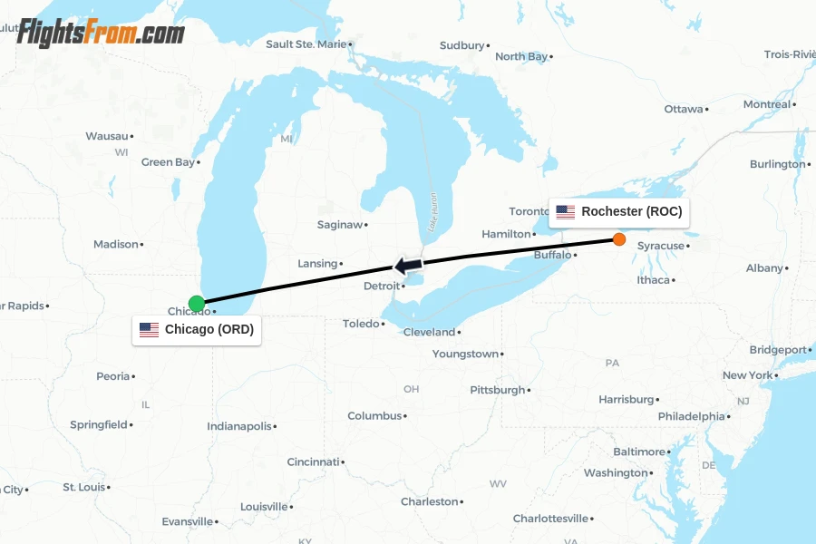 Flights from Rochester to Chicago route map