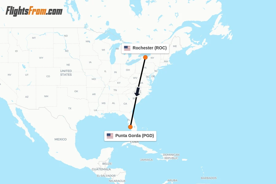 Flights from Rochester to Punta Gorda route map