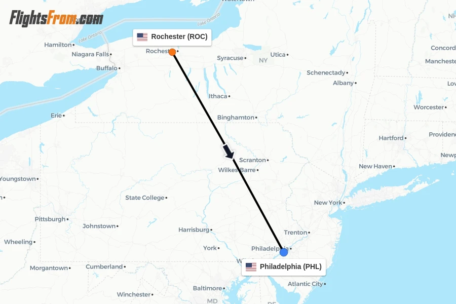 Flights from Rochester to Philadelphia route map