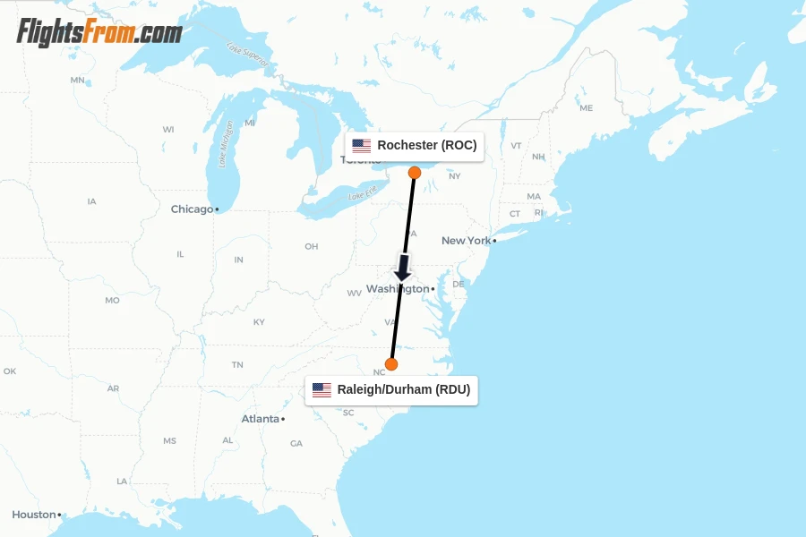 Flights from Rochester to Raleigh/Durham route map