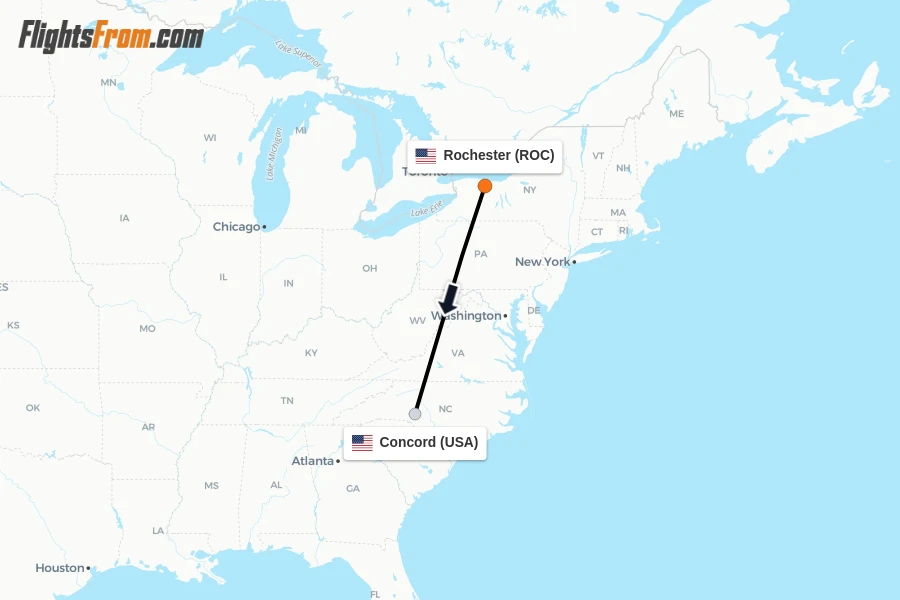 Flights from Rochester to Concord route map